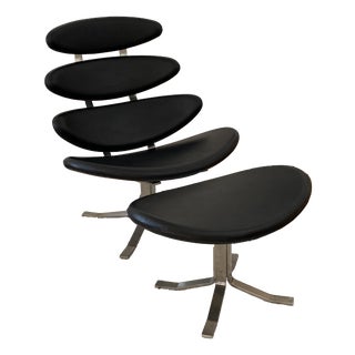 Corona EJ 5 Lounge Chair and Ottoman by Poul Volther for Erik Jørgensen, 1970s, Set of 2 For Sale