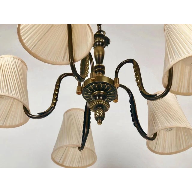 Kalmar Austrian Brass Chandelier with Five Silk Shades attributed to J.T. Kalmar, 1935 For Sale - Image 4 of 13