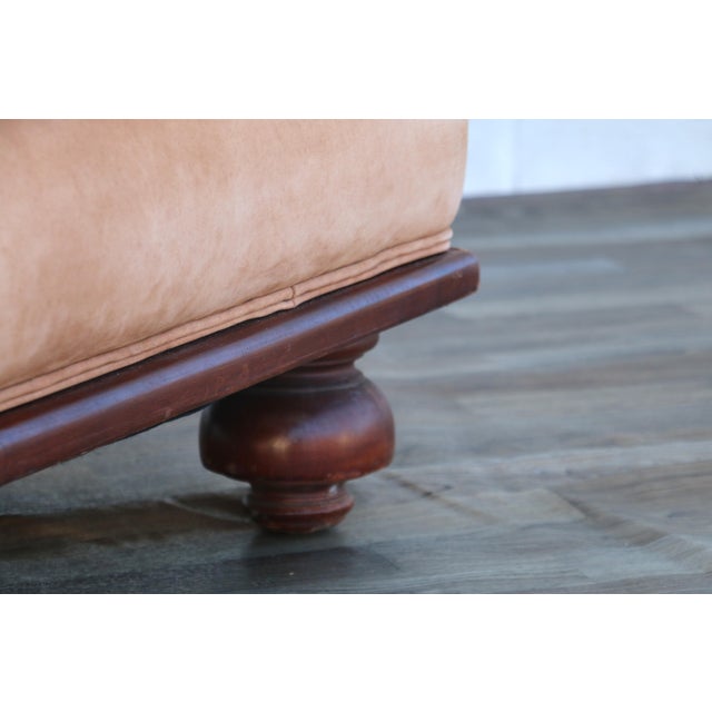 Oversized Vintage Ralph Lauren Tan Leather & Wood Ottoman With Bun Feet For Sale - Image 15 of 18
