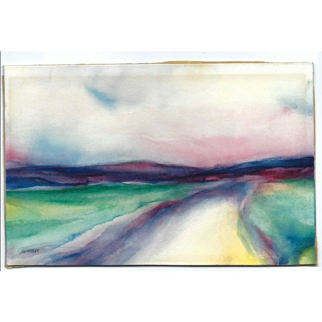 Abstract modern landscape by Virginia artist Arthur Sembler (1911/12-1979). Watercolor on artist board, signed lower left....