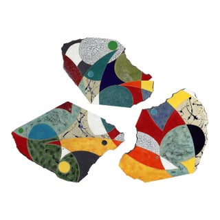 "Listen Softly" by Michael Gustavson, Raku Ceramic Triptych Wall Sculpture, Teal Red and Burgundy Glaze, Contemporary California Art, Vibrant Colors For Sale