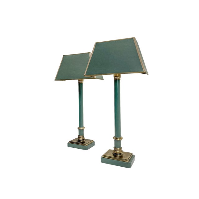 Brass and Green-Painted Metal Table Lamps by Kullmann, 1970, Set of 2 For Sale - Image 4 of 14