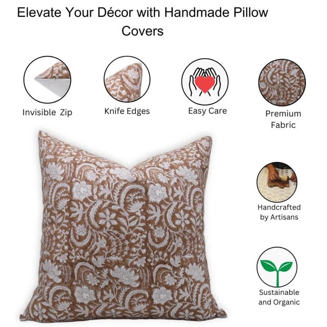 Fabdvine Handmade Block Printed Cushion Cover 20x20 Inch Thick Cotton White-Kundanvan For Sale - Image 4 of 4