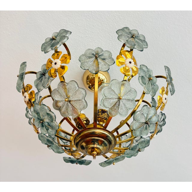Vintage Italian Hand-Painted Sage Green Glass & Brass Floral Flush Mount Chandelier For Sale - Image 13 of 18