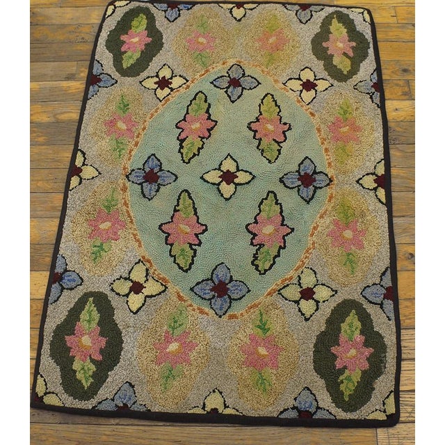 American Wonderful Tan Beige Color With Flowery and Oval Patters Desing Antique American Hooked Rug For Sale - Image 3 of 6
