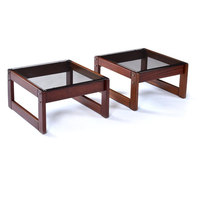 Pair of Percival Lafer Low Profile Rosewood and Smoked Glass Side Tables or Platform Bed Nightstands For Sale - Image 9 of 10