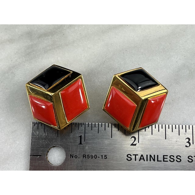Metal 1980s Givenchy Earrings: Vintage Orange & Black Enamel Gold Tone Cubes, A Pair For Sale - Image 7 of 8