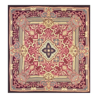 1840s Burgandy Field Classical Medallion Antique European Aubusson Square Rug For Sale