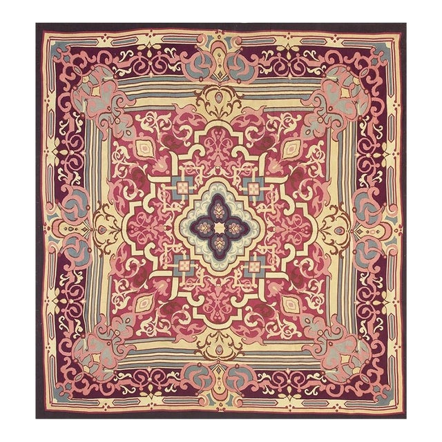 1840s Burgandy Field Classical Medallion Antique European Aubusson Square Rug For Sale