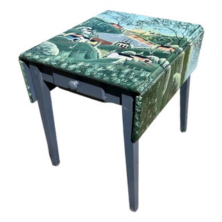 Hand Painted Side Table Signed CCM Oil Painted Landscape of Mountain Village & Seascape For Sale