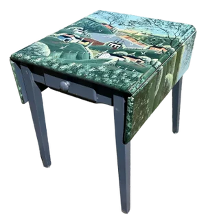 Hand Painted Side Table Signed CCM Oil Painted Landscape of Mountain Village & Seascape