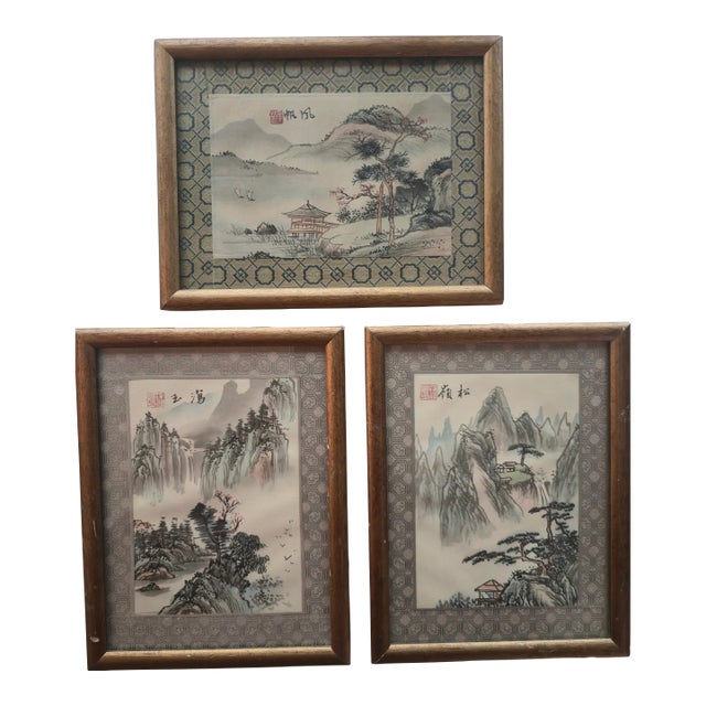 Set of Three Framed Asian Watercolors on Silk, Mid-20th Century For Sale