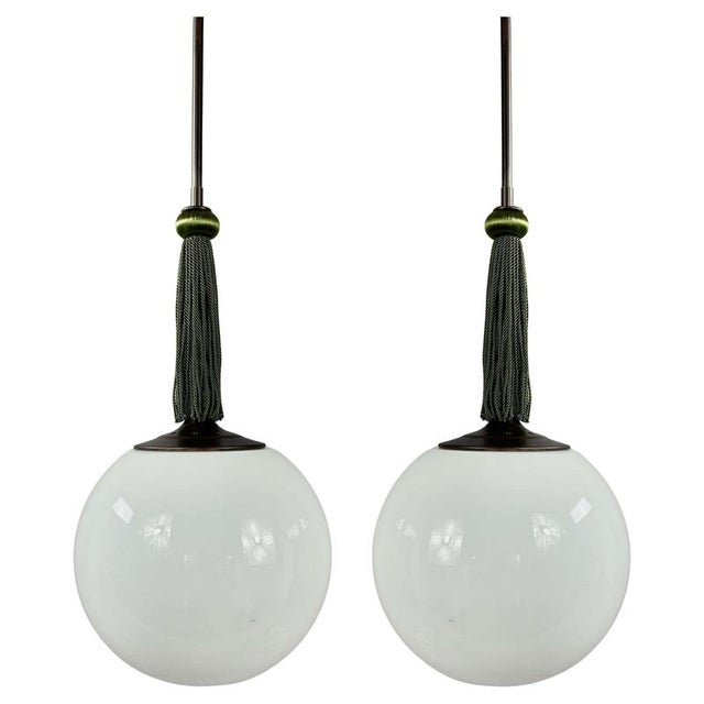 Opaline Glass and Burnished Brass Ball Pendants with Tassels, Germany, 1930s, Set of 2 For Sale - Image 17 of 17