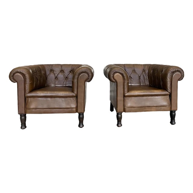 1940s Danish Brown Leather Tufted Club Chairs - A Pair For Sale