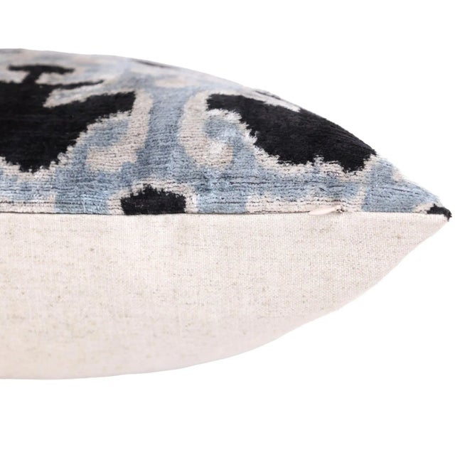 Textile Light Blue Black Silk Velvet Pillow – 20x20 Handmade Ikat Throw Cushion For Sale - Image 7 of 8