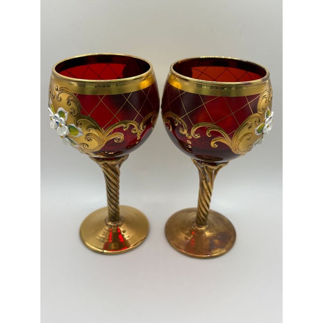 Lovely pair of Murano Glass Wineglasses created by Glass Master Salvadori. Each piece is triple-fired and has amazing...