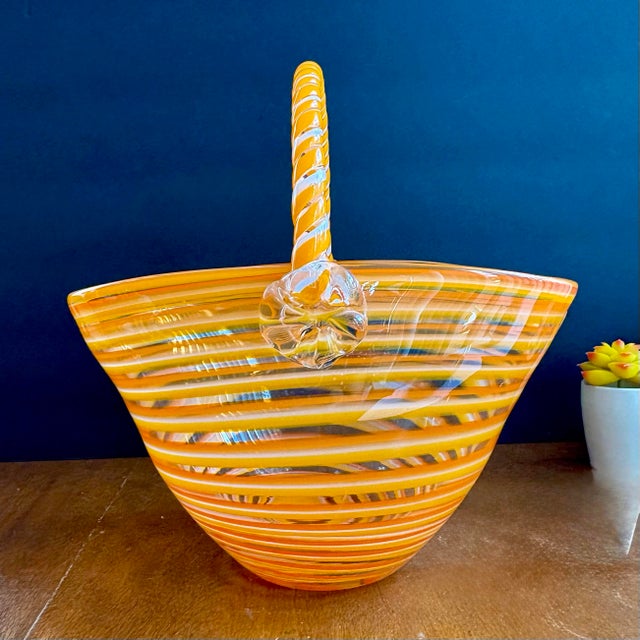 Glass Vintage Art Glass Basket Bowl by Block Crystal – Orange White Striped Murano Style Hand Blown Glass Basket – Decorative Glass Centerpiece For Sale - Image 7 of 9