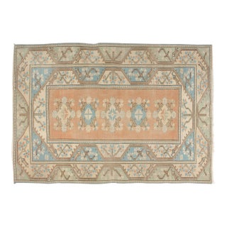 Vintage Turkish Medallion Rug, Hand-Knotted Wool, Peach and Blue For Sale