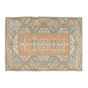 Vintage Turkish Medallion Rug, Hand-Knotted Wool, Peach and Blue