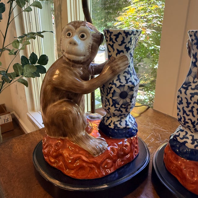 Pair Vintage Ceramic Monkey Lamps A fun, whimsical pair of painted ceramic lamps featuring two darling monkeys with blue...