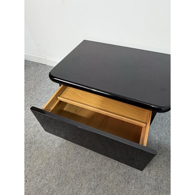 Vintage Low Italian Wooden Bedside Tables with Glossy Lacquered Finish, 1970s, Set of 2 For Sale - Image 13 of 14