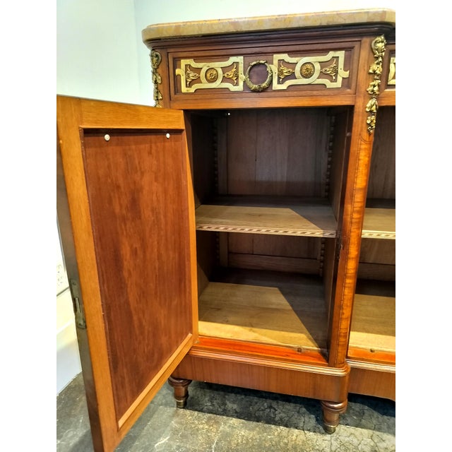 Belgian Louis XVI Style Marble Top Marquetry Sideboard With Decorative Brass For Sale - Image 4 of 11