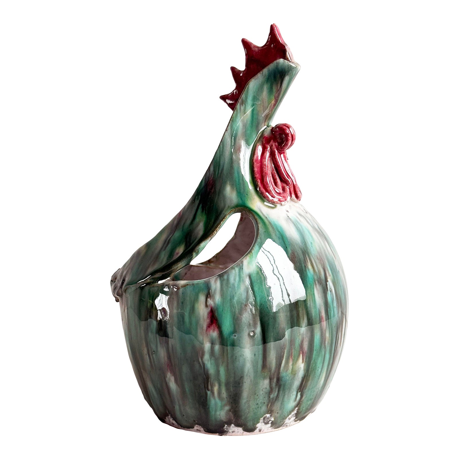 Mid Century Italian Majolica Ceramic Rooster Basket / Cachepot Planter
