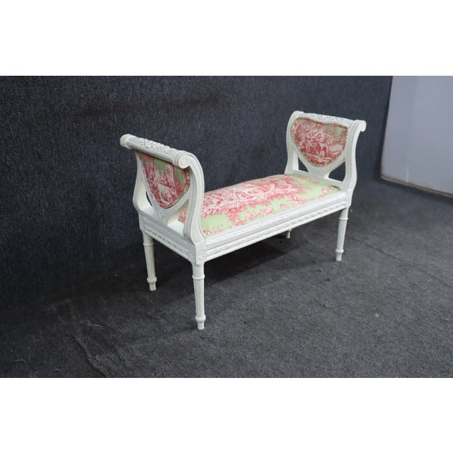 White carved Louis XVI style bench with Chinoiserie pattern on upholstery. Recently updated with new paint & upholstery.