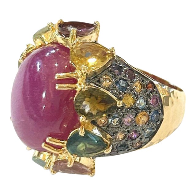 Bochic “Orient” Spark Ruby & Multi Sapphire Ring Set in 18k & Silver Size 6 For Sale