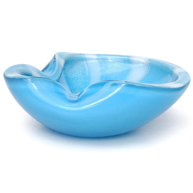 Mid 20th Century Vintage Barbini Murano Blue White Stripes Gold Flecks Italian Art Glass Mid Century Ashtray Bowl Dish For Sale - Image 5 of 7
