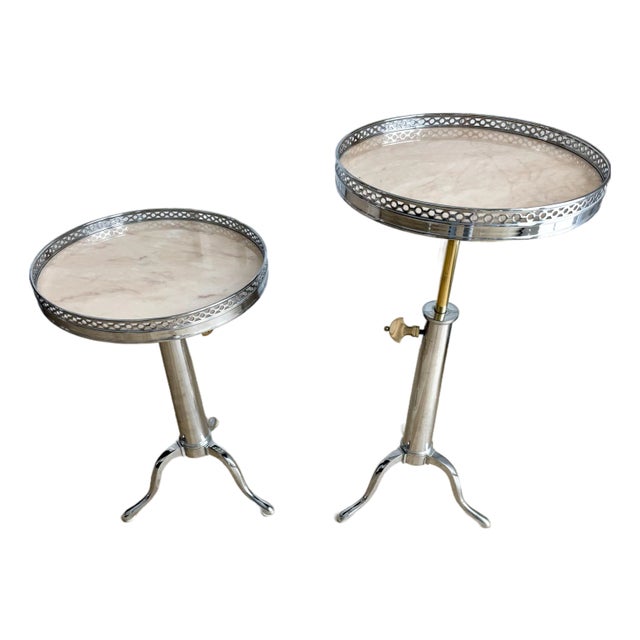 French Jansen-Style Adjustable Martini Table in Chrome, Brass & Marble, Circa 1970s, Heavy For Sale