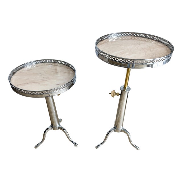 Pair of Heavy French Jansen-Style Adjustable Martini Tables in Chrome, Brass & Marble, Circa 1970s For Sale