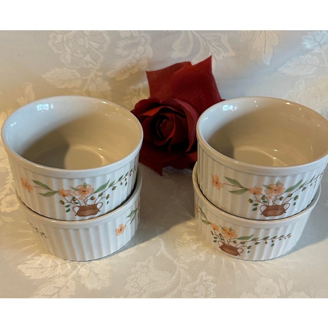 1960s Vintage 1980 Countryside Stoneware Collection Souffle/Ramekin Dessert Dish Floral Basket - Set of 4 For Sale - Image 5 of 10