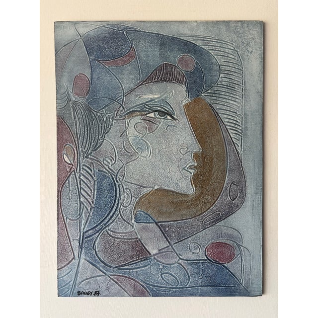 A signed original oil on board by French artist Jean-Claude Gaugy, dated 1987. This expressive portrait features Gaugy’s...