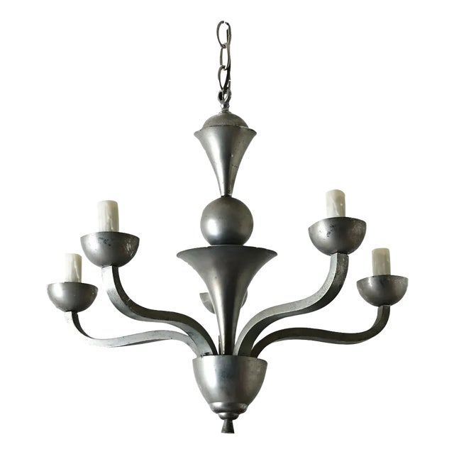 French Vintage Modern Pewter-Tone Chandelier For Sale