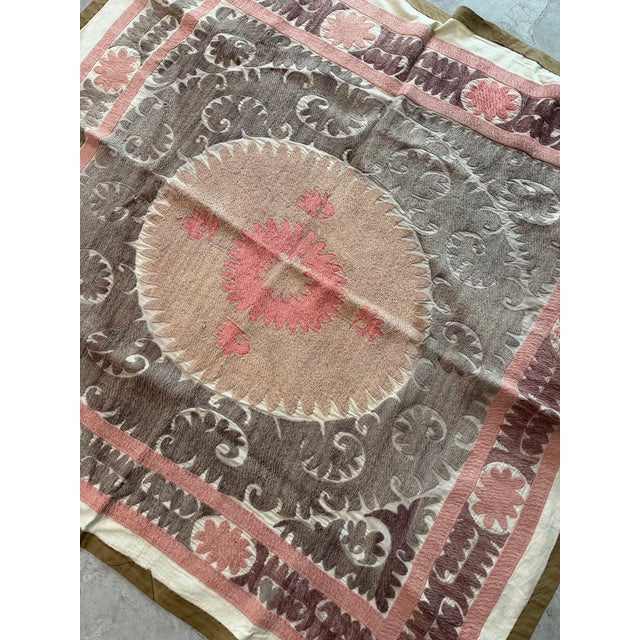 Brown Brown Pink Cotton Suzani Wall Hanging With Medallion For Sale - Image 8 of 10
