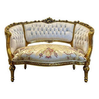 French Style Beige White Damask Fabric Sofa/Settee For Sale