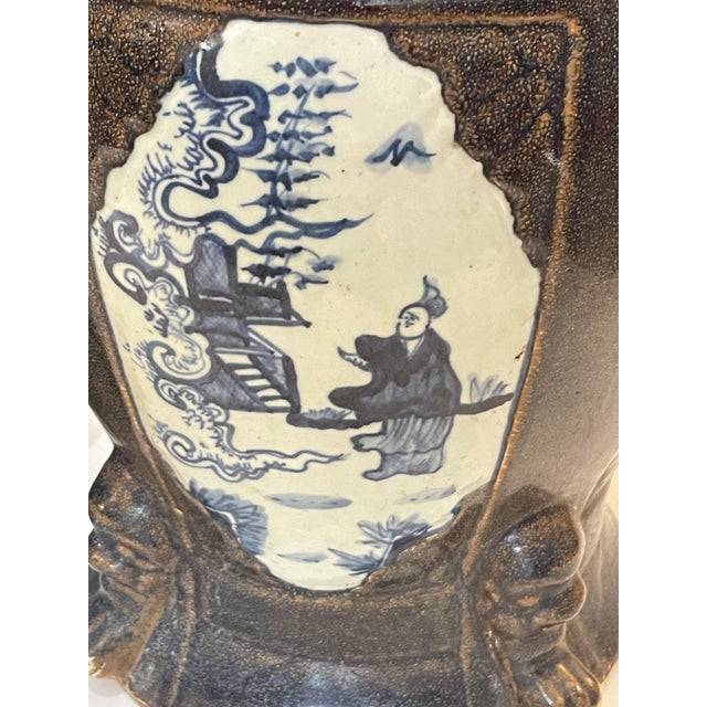 Pair Antique Chinese Brown Glaze With Blue & Withe Decor Garden Stools For Sale In West Palm - Image 6 of 16