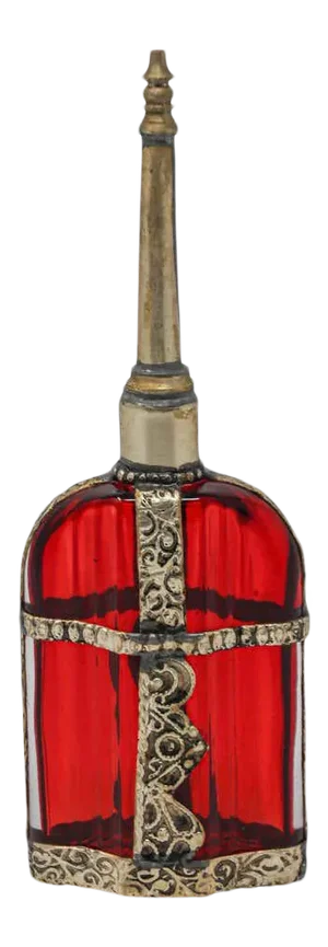 Moroccan Red Glass Perfume Bottle Sprinkler with Embossed Metal Overlay
