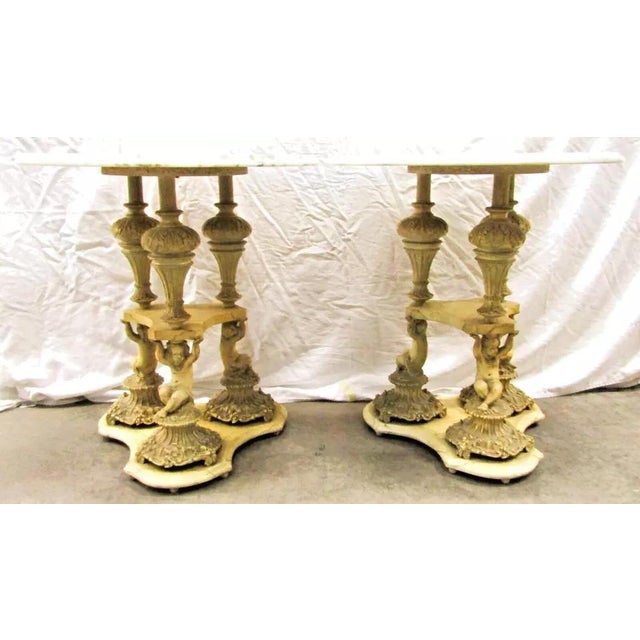 Traditional 1940s Pair of Italian Regency Florentine Marble Top Side Tables With Triple Cherub Base For Sale - Image 3 of 8