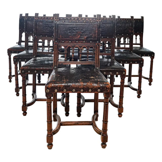 Set of 10 Antique French Renaissance Revival Chairs - Embossed Leather Chairs For Sale