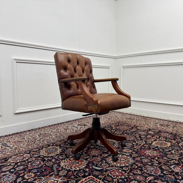 Wood Chesterfield Brown President Office Chair For Sale - Image 7 of 8