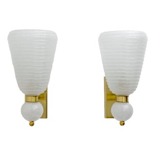 Mid-Century Modern Brass and Pelugoso Murano Glass Sconces, 1980s, Set of 2 For Sale