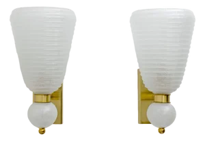Mid-Century Modern Brass and Pelugoso Murano Glass Sconces, 1980s, Set of 2