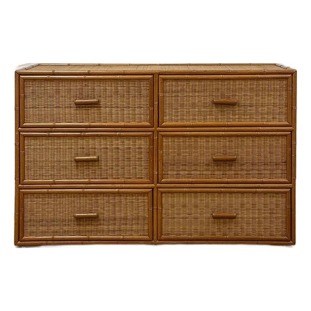 Vintage, Coastal, Bamboo, Wicker, Six Drawer Dresser, Chest Storage For Sale