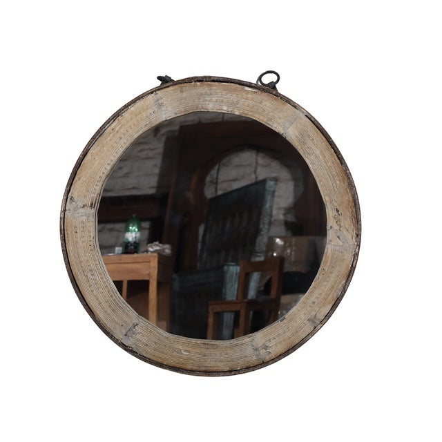 Antique Indian Bleached Teakwood “Wagon Wheel” Round Mirror For Sale - Image 4 of 5