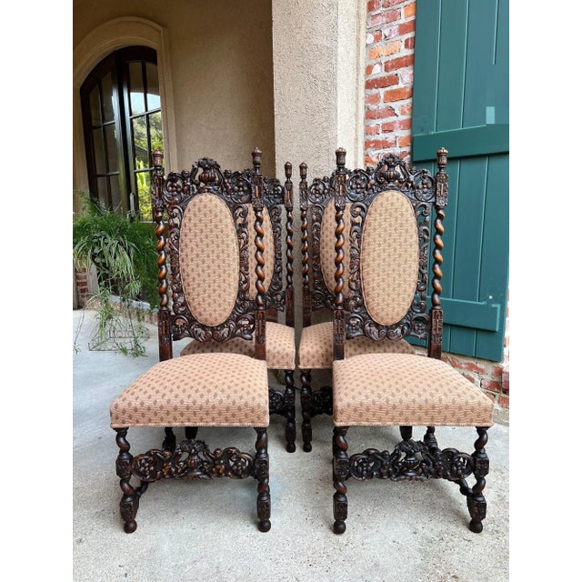Set 4 Tall Antique French Dining Chairs Barley Twist Renaissance Carved Oak 1890 For Sale - Image 13 of 18