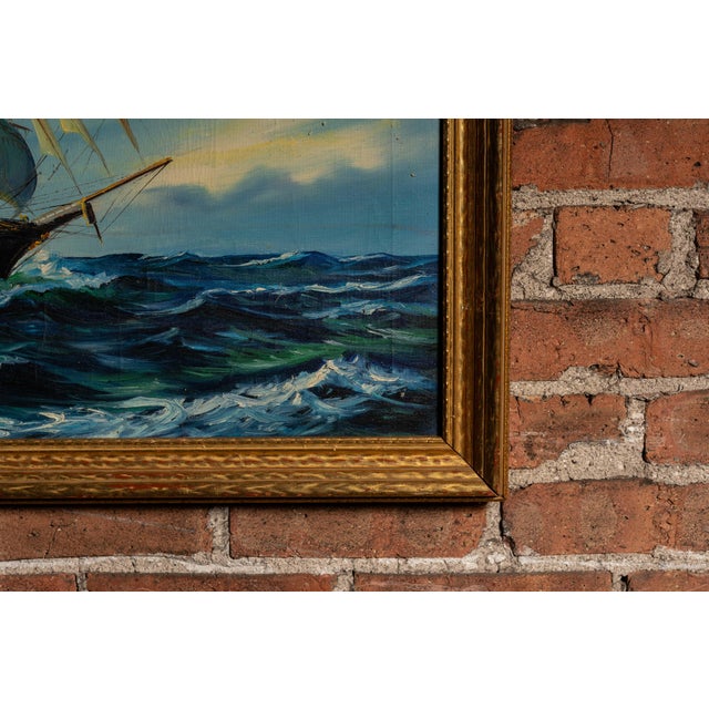 Textile Early 20th Century Painting of Ship at Sea, Daytime - Oil on Canvas, Framed For Sale - Image 7 of 7