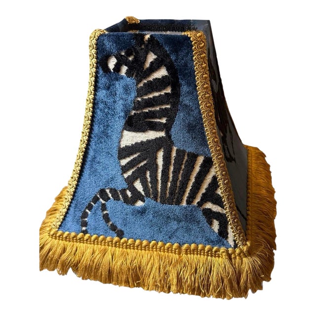 Designer- Regal Sapphire/Blue Velvet Zebra Lamp Shade With Gold Trim and Harvest Brush Fringe For Sale