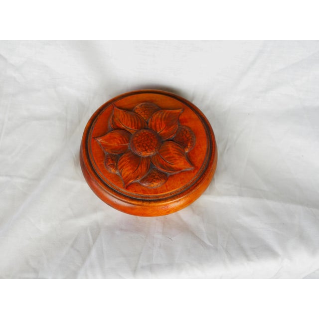 Midcentury French Large Turned Wood Box With Carved Flower For Sale - Image 4 of 11